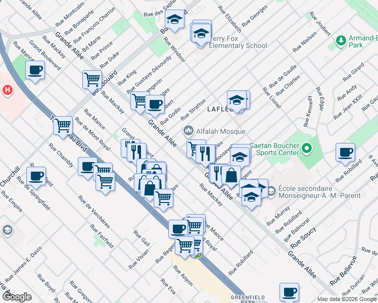 map of restaurants, bars, coffee shops, grocery stores, and more near 3541 Grande Allée in Longueuil