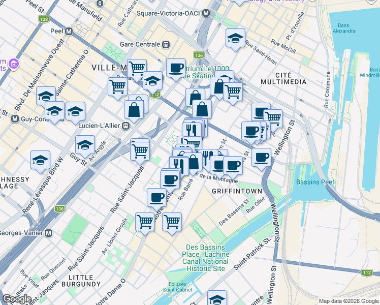 map of restaurants, bars, coffee shops, grocery stores, and more near 1225 Rue Notre-Dame Ouest in Montréal