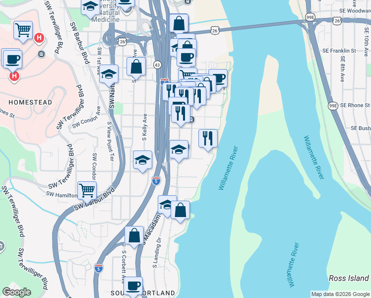 map of restaurants, bars, coffee shops, grocery stores, and more near 650 South Lowell Street in Portland