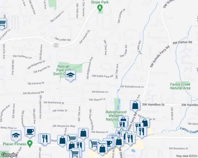map of restaurants, bars, coffee shops, grocery stores, and more near 3630 Southwest 73rd Avenue in Portland