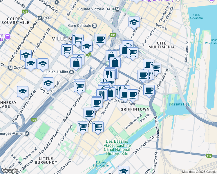 map of restaurants, bars, coffee shops, grocery stores, and more near 1225 Rue Notre-Dame Ouest in Montreal