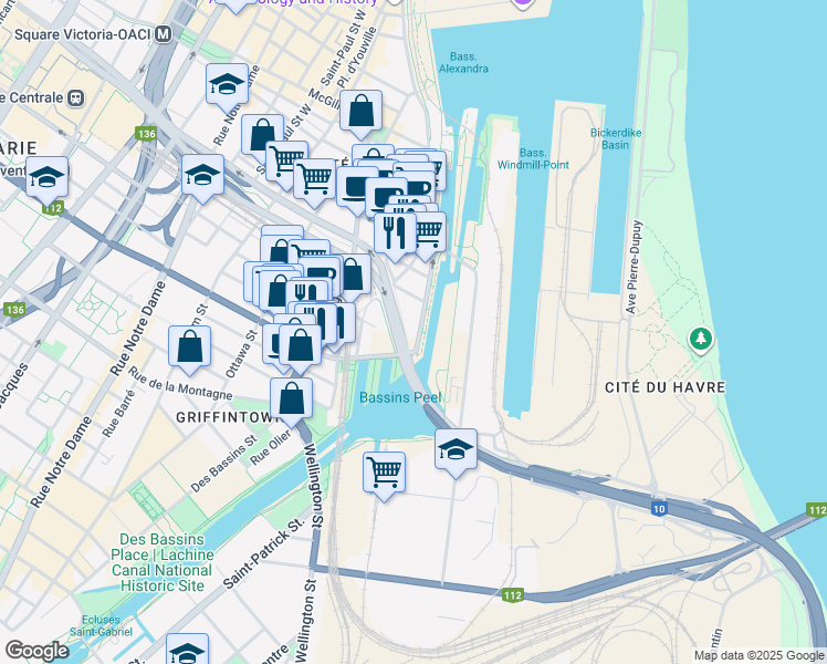 map of restaurants, bars, coffee shops, grocery stores, and more near 995 Rue de la Commune Ouest in Montréal