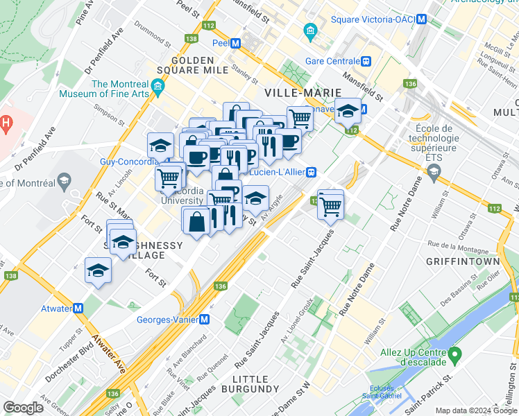 map of restaurants, bars, coffee shops, grocery stores, and more near 1042 Rue Mackay in Montréal