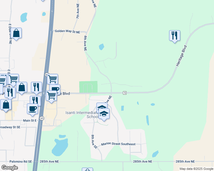 map of restaurants, bars, coffee shops, grocery stores, and more near 401 8th Avenue Northeast in Isanti
