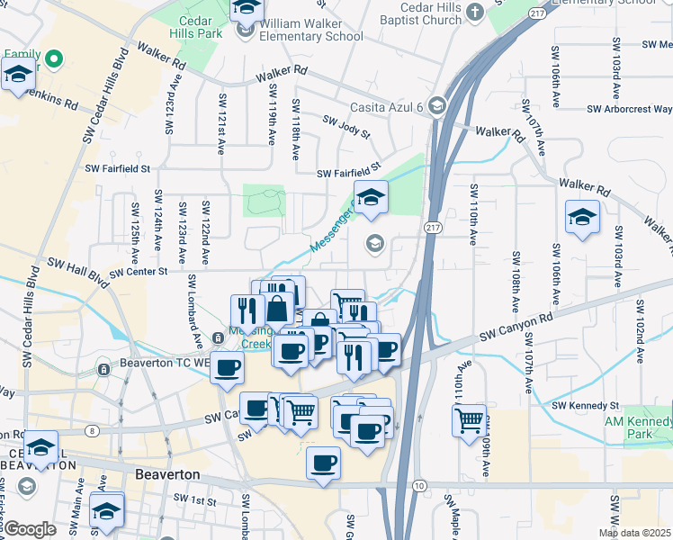 map of restaurants, bars, coffee shops, grocery stores, and more near 11535 Southwest Center Street in Beaverton