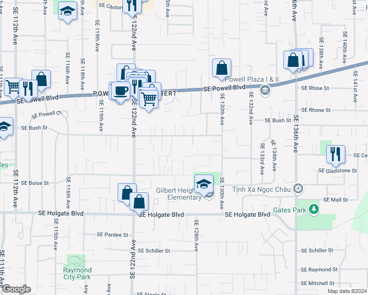 map of restaurants, bars, coffee shops, grocery stores, and more near 12640 Southeast Bush Street in Portland