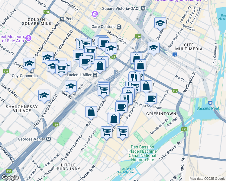 map of restaurants, bars, coffee shops, grocery stores, and more near 1360 Rue Saint-Jacques in Montréal