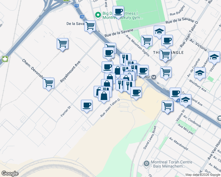 map of restaurants, bars, coffee shops, grocery stores, and more near in Mount Royal