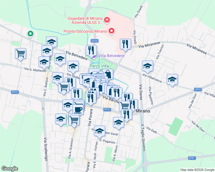 map of restaurants, bars, coffee shops, grocery stores, and more near 16 Via Bastia Fuori in Mirano