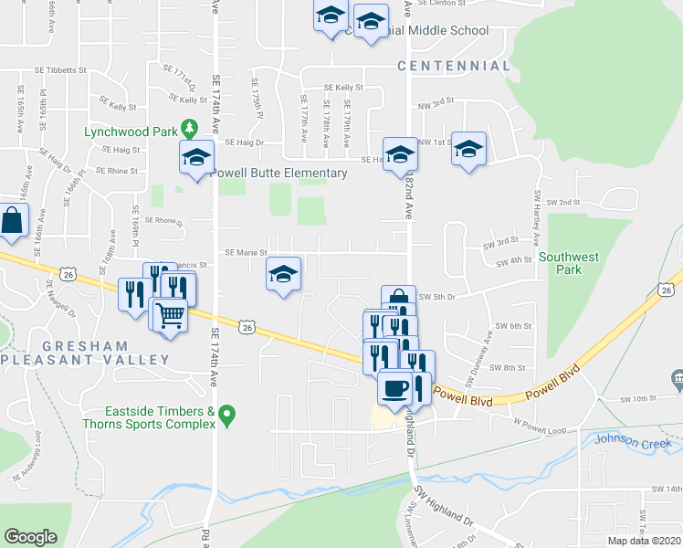map of restaurants, bars, coffee shops, grocery stores, and more near 4515 Powell Boulevard in Gresham