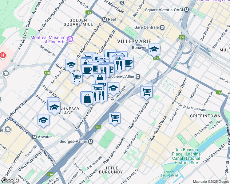 map of restaurants, bars, coffee shops, grocery stores, and more near 1042 Rue Mackay in Montréal