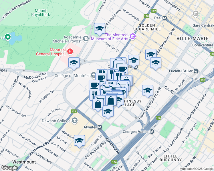 map of restaurants, bars, coffee shops, grocery stores, and more near 1963 Avenue Lincoln in Montréal