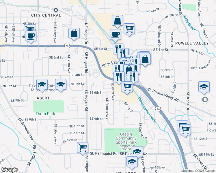map of restaurants, bars, coffee shops, grocery stores, and more near 515 Southeast Rene Avenue in Gresham