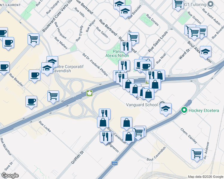 map of restaurants, bars, coffee shops, grocery stores, and more near 6500 Route Transcanadienne in Montréal
