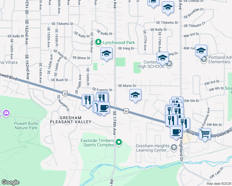 map of restaurants, bars, coffee shops, grocery stores, and more near 3966 Southeast 174th Avenue in Portland