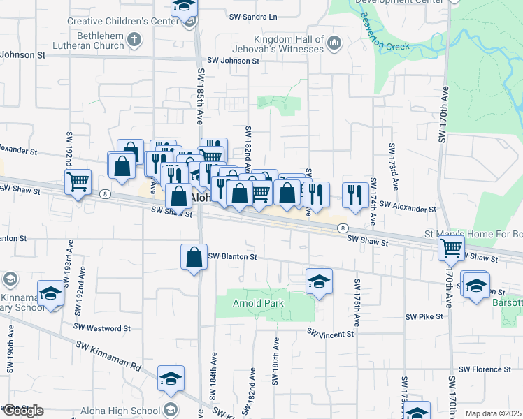 map of restaurants, bars, coffee shops, grocery stores, and more near 18075 Oregon 8 in Aloha