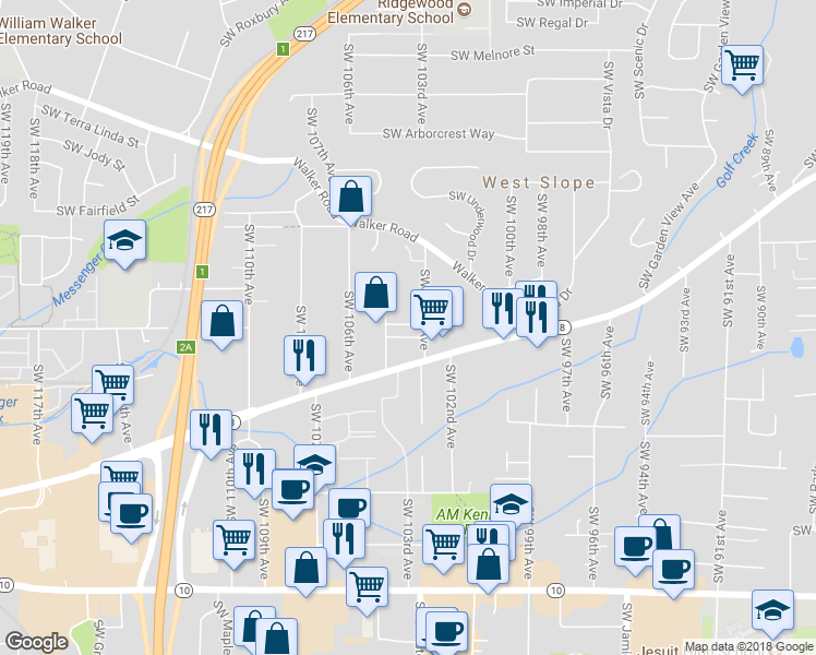 map of restaurants, bars, coffee shops, grocery stores, and more near 10336 Southwest Hollyridge Lane in Beaverton