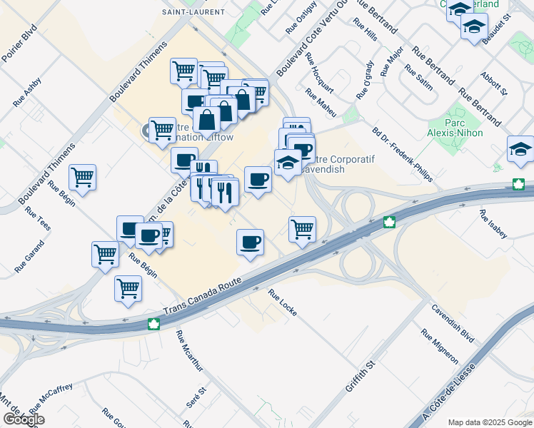 map of restaurants, bars, coffee shops, grocery stores, and more near 7075 Place Robert Joncas in Montréal