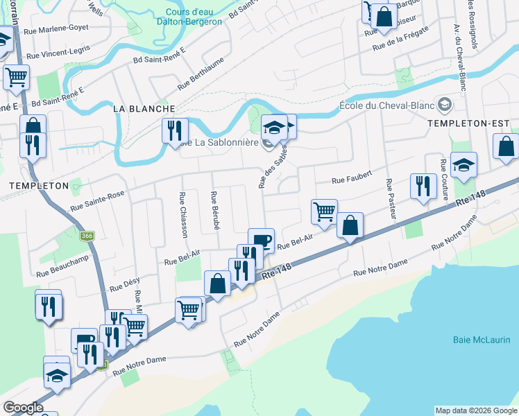 map of restaurants, bars, coffee shops, grocery stores, and more near 75 Rue des Sables in Gatineau