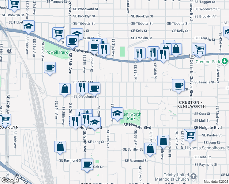 map of restaurants, bars, coffee shops, grocery stores, and more near 3023 Southeast Gladstone Street in Portland