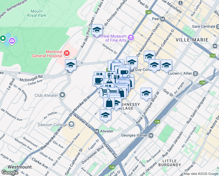 map of restaurants, bars, coffee shops, grocery stores, and more near 2150 Rue Saint Marc in Montréal