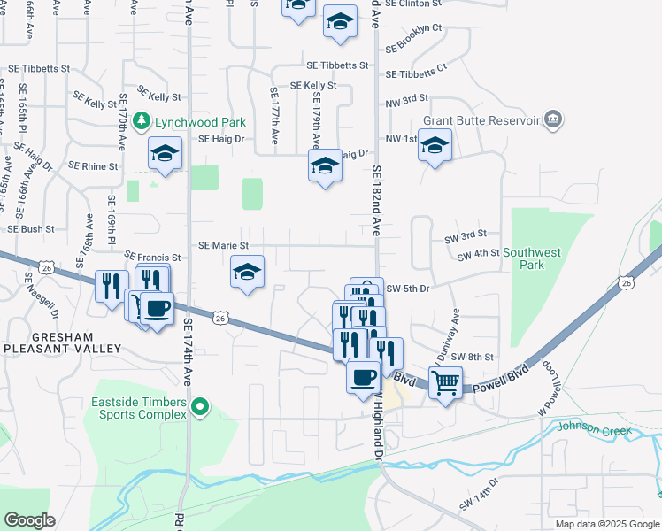 map of restaurants, bars, coffee shops, grocery stores, and more near 4515 Powell Boulevard in Gresham
