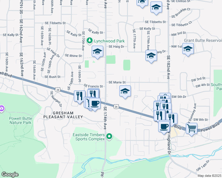 map of restaurants, bars, coffee shops, grocery stores, and more near 3986 Southeast 174th Avenue in Portland
