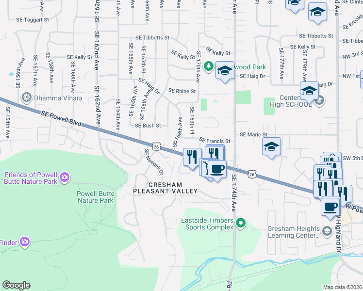 map of restaurants, bars, coffee shops, grocery stores, and more near 3940 Southeast 168th Avenue in Portland