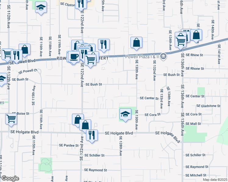 map of restaurants, bars, coffee shops, grocery stores, and more near 12640 Southeast Bush Street in Portland