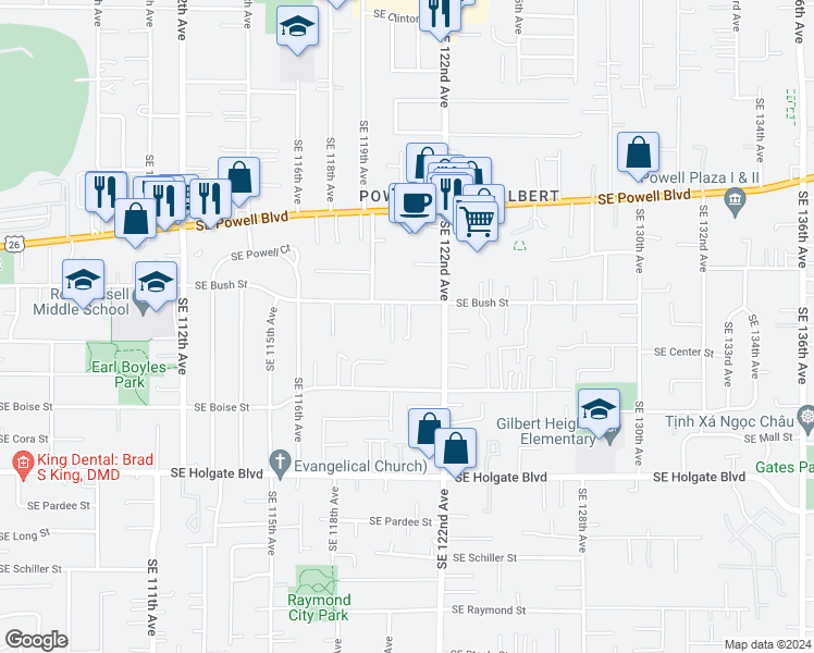 map of restaurants, bars, coffee shops, grocery stores, and more near 12004 Southeast Bush Street in Portland