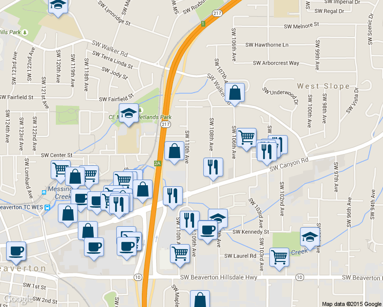 map of restaurants, bars, coffee shops, grocery stores, and more near 3640 SW 110th Ave in Beaverton