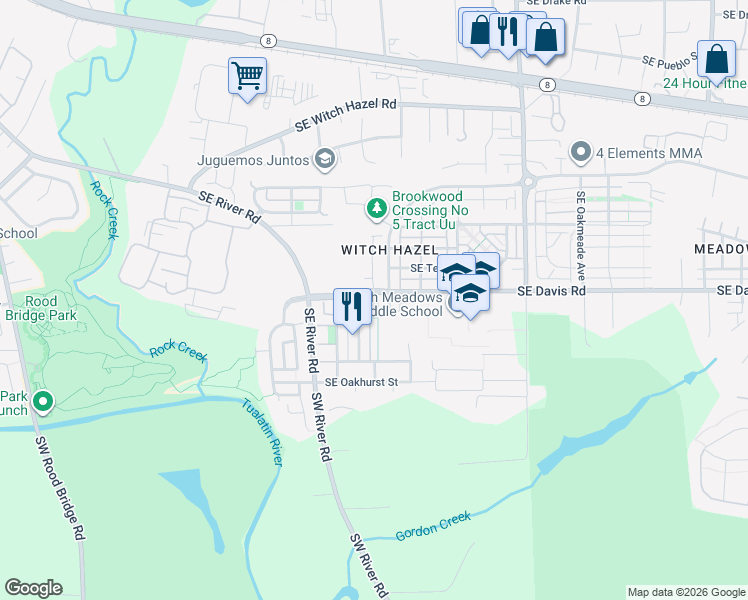 map of restaurants, bars, coffee shops, grocery stores, and more near 3683 Southeast Alexander Street in Hillsboro