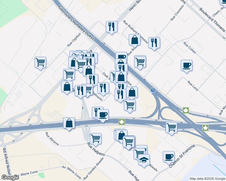 map of restaurants, bars, coffee shops, grocery stores, and more near 2665 Rue de Miniac in Montréal