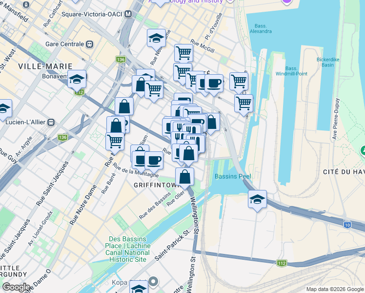 map of restaurants, bars, coffee shops, grocery stores, and more near 195 Peel Street in Montrã©Al
