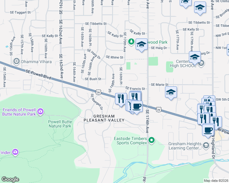 map of restaurants, bars, coffee shops, grocery stores, and more near 3940 Southeast 168th Avenue in Portland