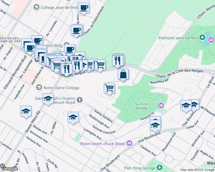map of restaurants, bars, coffee shops, grocery stores, and more near 3440 Ridgewood Avenue in Montreal