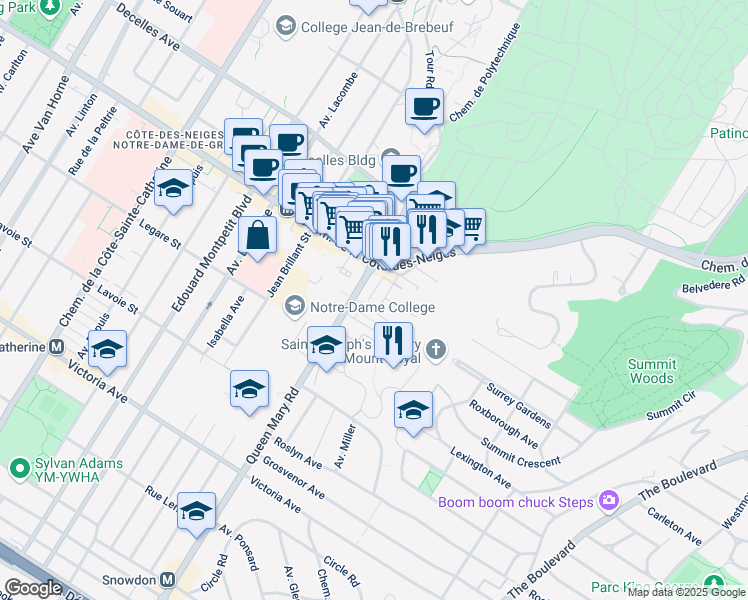 map of restaurants, bars, coffee shops, grocery stores, and more near 3747 Rue du Frere Andre in Montréal