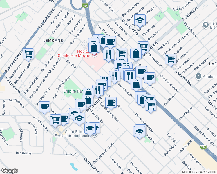 map of restaurants, bars, coffee shops, grocery stores, and more near 255 Rue de Verchères in Longueuil