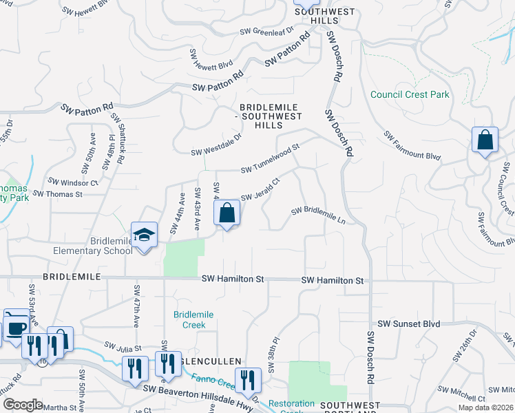 map of restaurants, bars, coffee shops, grocery stores, and more near 3868 Southwest Bridlemile Lane in Portland