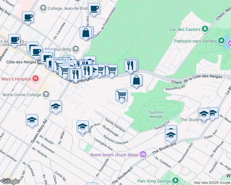map of restaurants, bars, coffee shops, grocery stores, and more near 3445 Avenue Ridgewood in Montréal