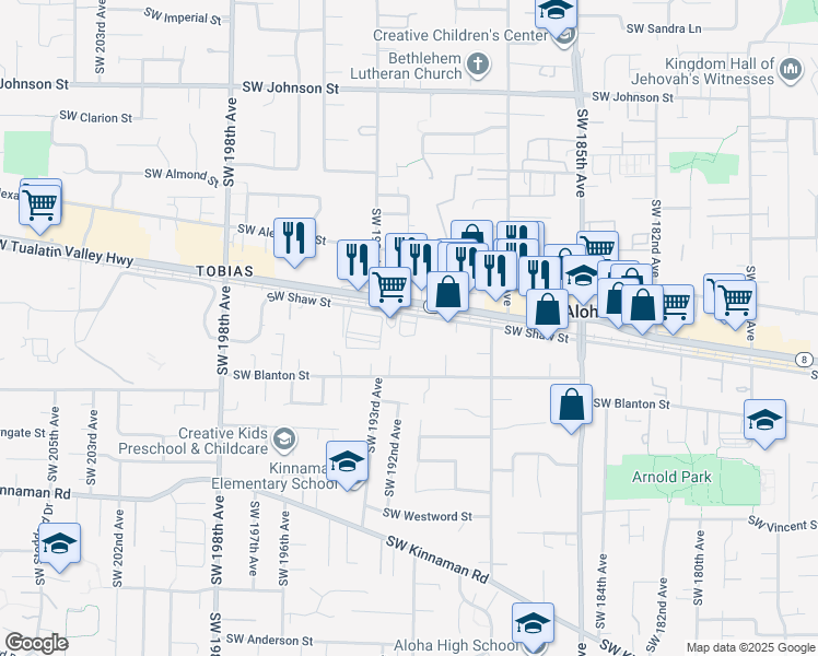 map of restaurants, bars, coffee shops, grocery stores, and more near 19100 Southwest Shaw Street in Beaverton