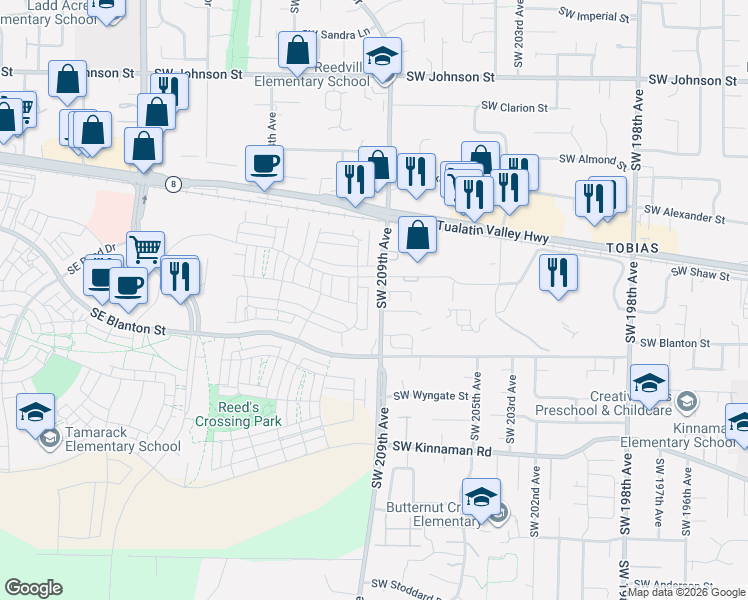 map of restaurants, bars, coffee shops, grocery stores, and more near 3547 Southwest 209th Avenue in Hillsboro
