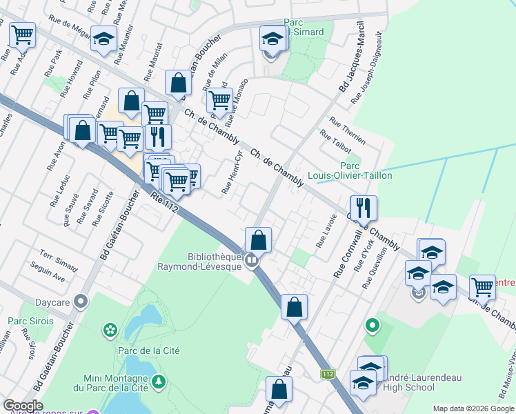 map of restaurants, bars, coffee shops, grocery stores, and more near 2450 Boulevard Jacques-Marcil in Longueuil