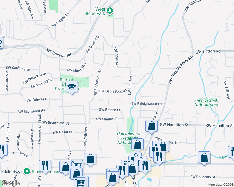 map of restaurants, bars, coffee shops, grocery stores, and more near 7160 Southwest Gable Park Road in Portland