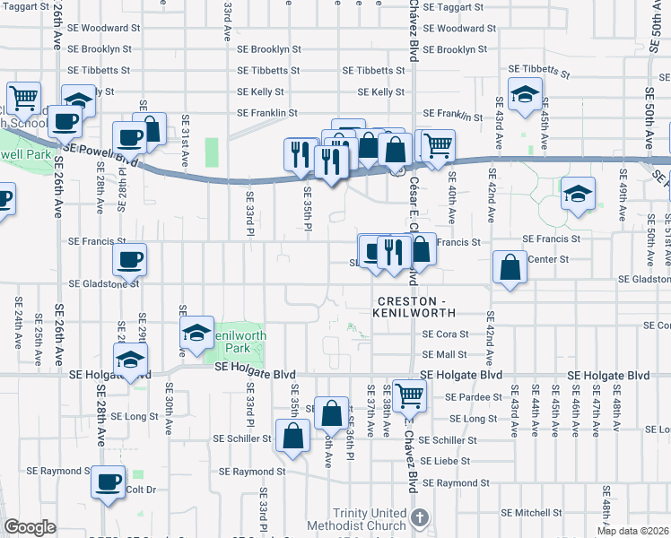 map of restaurants, bars, coffee shops, grocery stores, and more near 3603 Southeast Gladstone Street in Portland