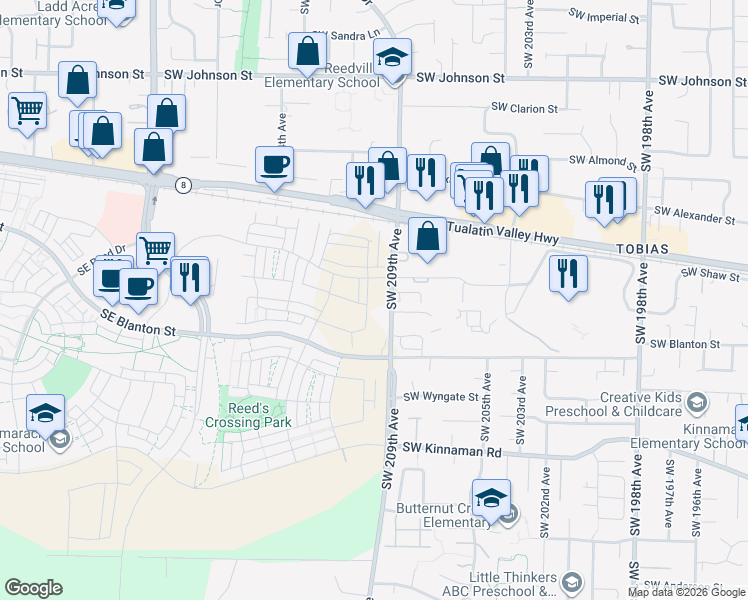 map of restaurants, bars, coffee shops, grocery stores, and more near 3562 Southeast 86th Avenue in Hillsboro
