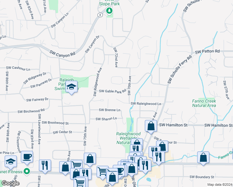 map of restaurants, bars, coffee shops, grocery stores, and more near 7160 Southwest Gable Park Road in Portland