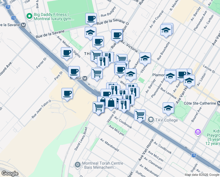 map of restaurants, bars, coffee shops, grocery stores, and more near 5265 Avenue de Courtrai in Montréal