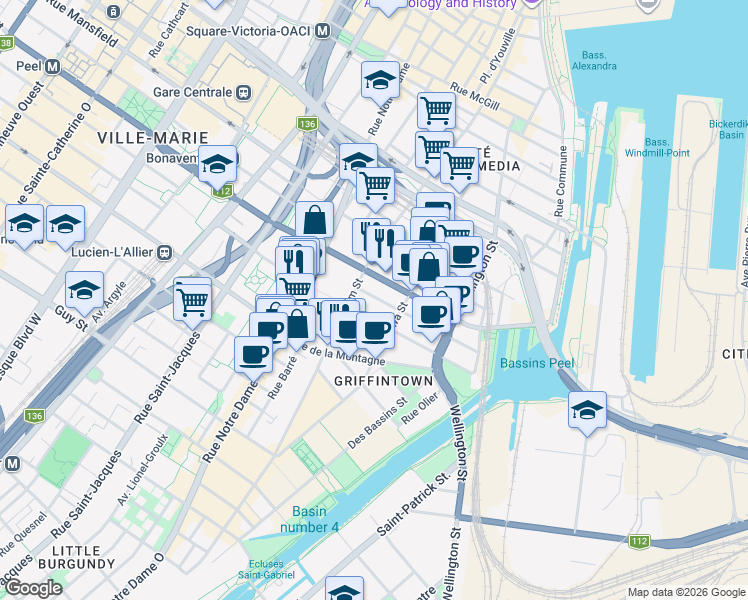 map of restaurants, bars, coffee shops, grocery stores, and more near 300 Rue Young in Montréal