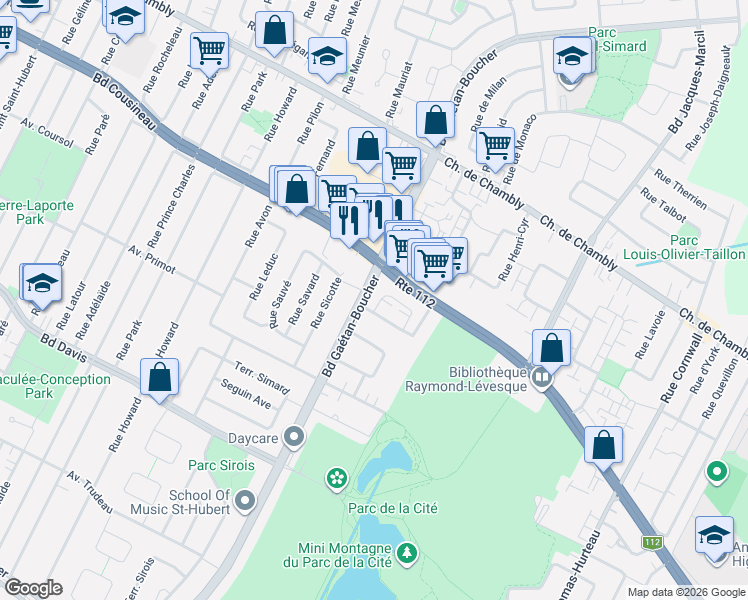 map of restaurants, bars, coffee shops, grocery stores, and more near 3125 Boulevard Gaétan-Boucher in Longueuil
